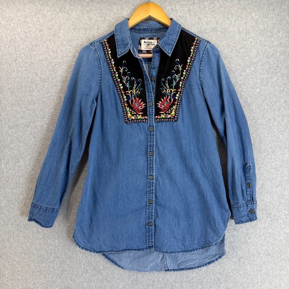 Anthropologie Holding Horses Western LS Shirt Embroidered Floral Chambray Size 2